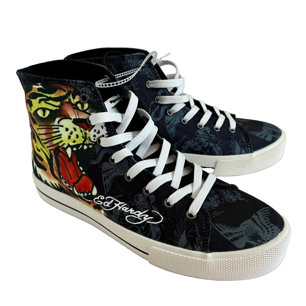 ED HARDY~High Tops Sneakers Men's Size 10.5~ Black Tiger~NWOB